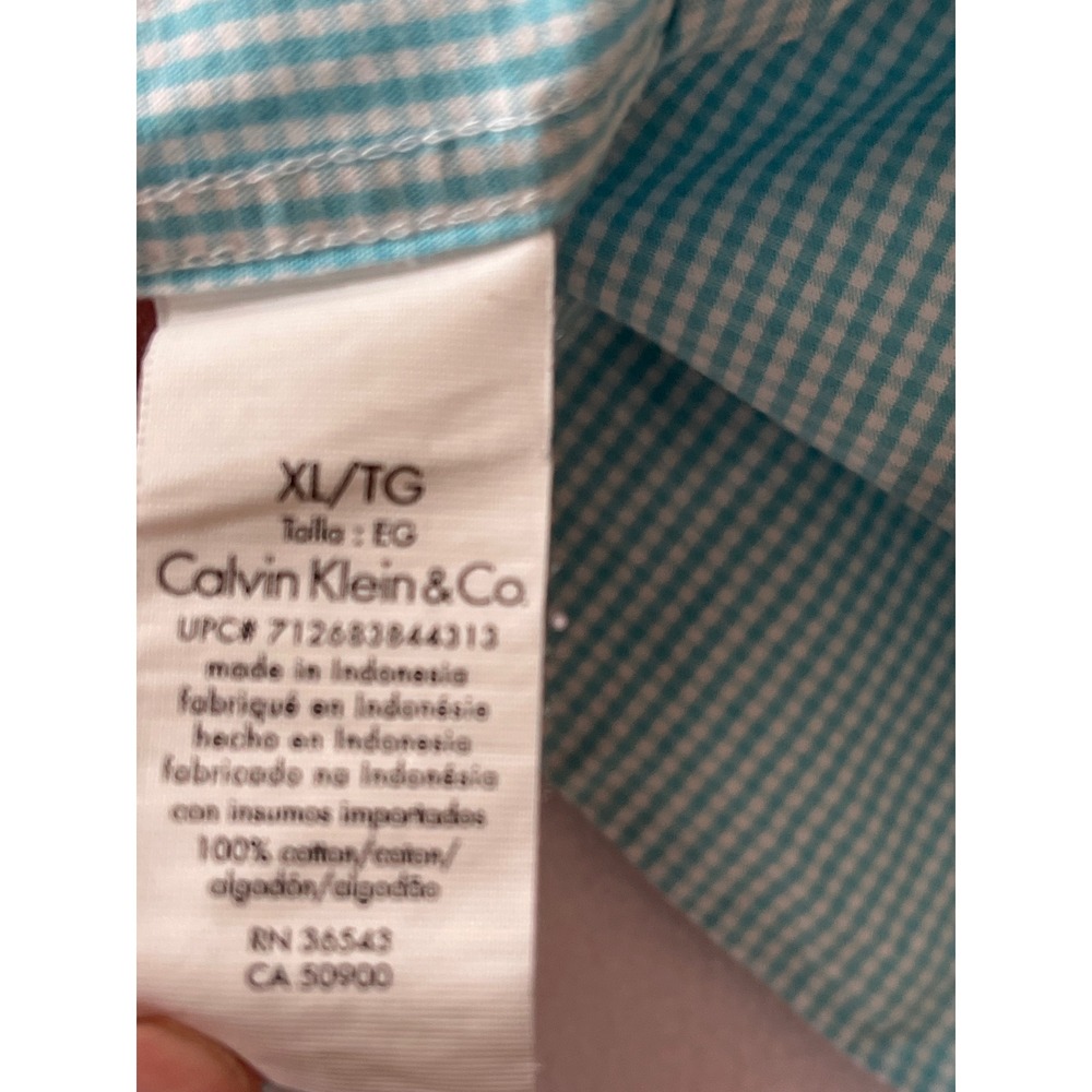 Calvin Klein Mens XL Lt Blue aqua check Button Down Shirt Long Sleeve Cotton - Picture 9 of 13
